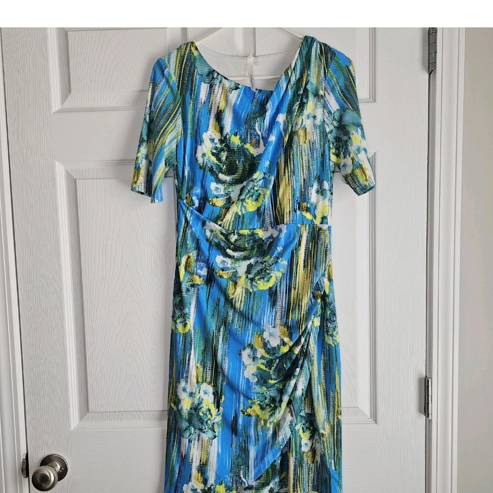 NWOT Abstract Floral Faux Wrap Dress Blue Green Elbow Sleeves Midi Womens 8